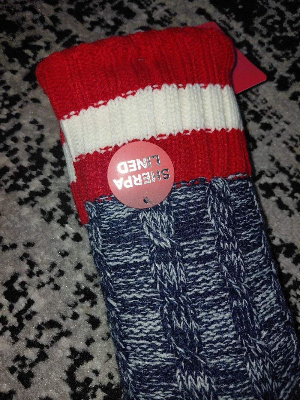 NWT Aeropostale Sherpa Lined Cable Knit Slipper Socks | Navy Red White CC